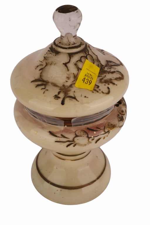 Lidded Opaline Glass Footed Trinket Box: Item/Description: Painted opaline glass hinged, covered apothecary jar or footed trinket box. No noticeable makers mark. (Czechoslovakia, Bristol Ware) Material: Glass, Metal Dimensions: Length: 6"; W