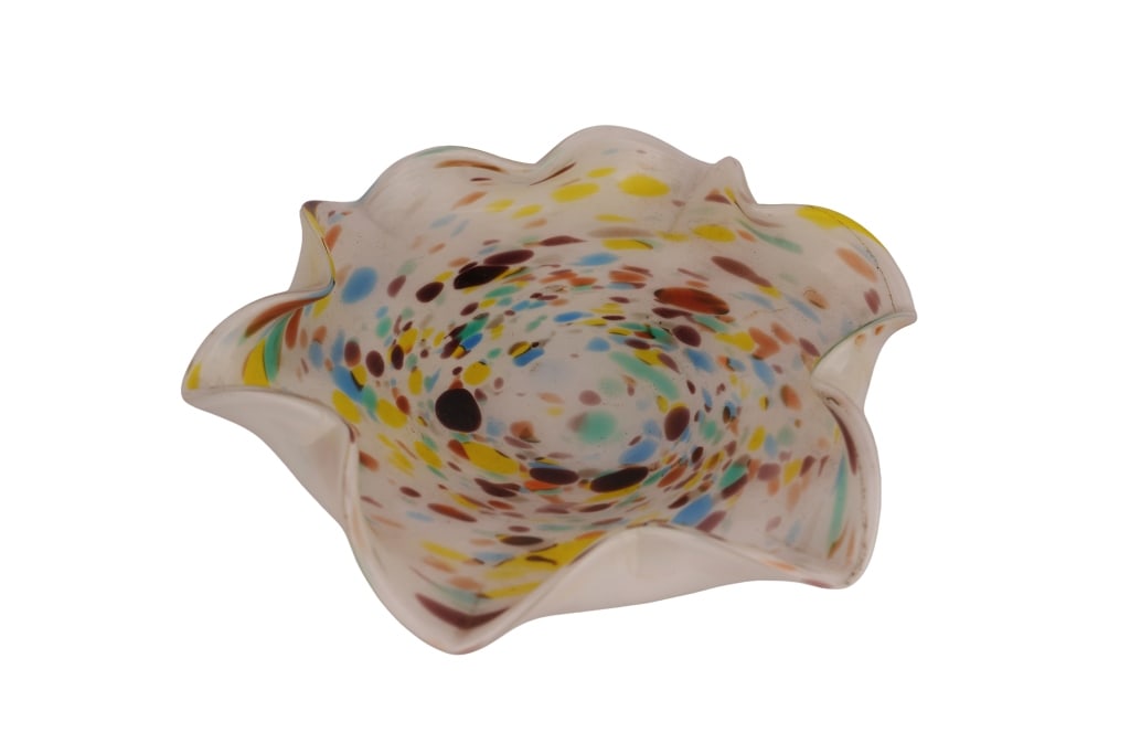 Vintage Murano Confetti Art Glass Dish: Item/Description: Mid-Century Modern Murano Italian Confetti glass art dish. The design features a "tutti-frutti" or "end-of-day" aesthetic, characterized by a white lattimo (opaline) glass base decor