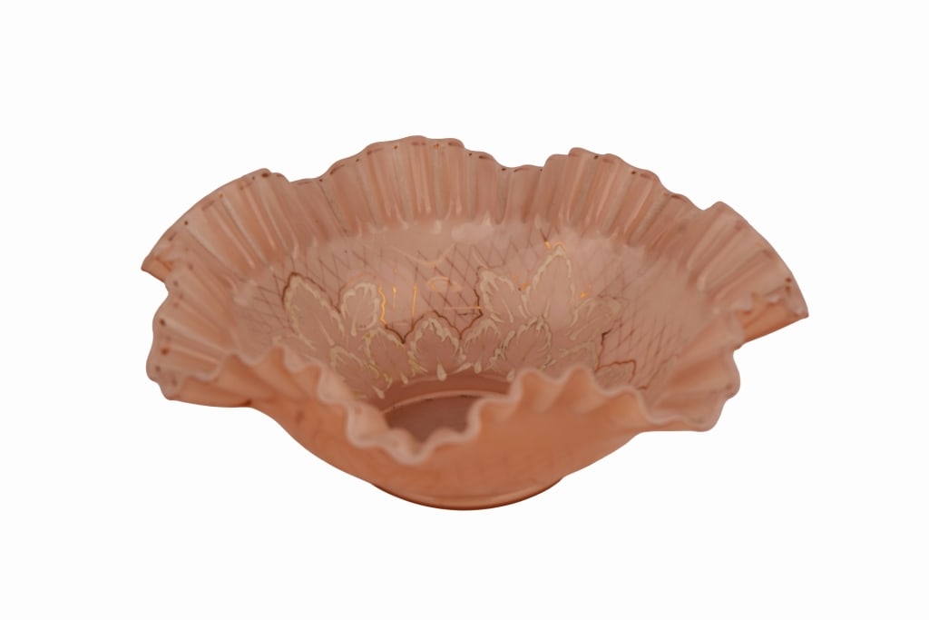 Rosaline Depression Glass Scalloped Bowl: Item/Description: Art Deco pink scalloped centerpiece bowl with gold and white detailing. Crafted from pressed, frosted pink glass or "rosaline" reflecting the characteristic salmon or peach hue popul
