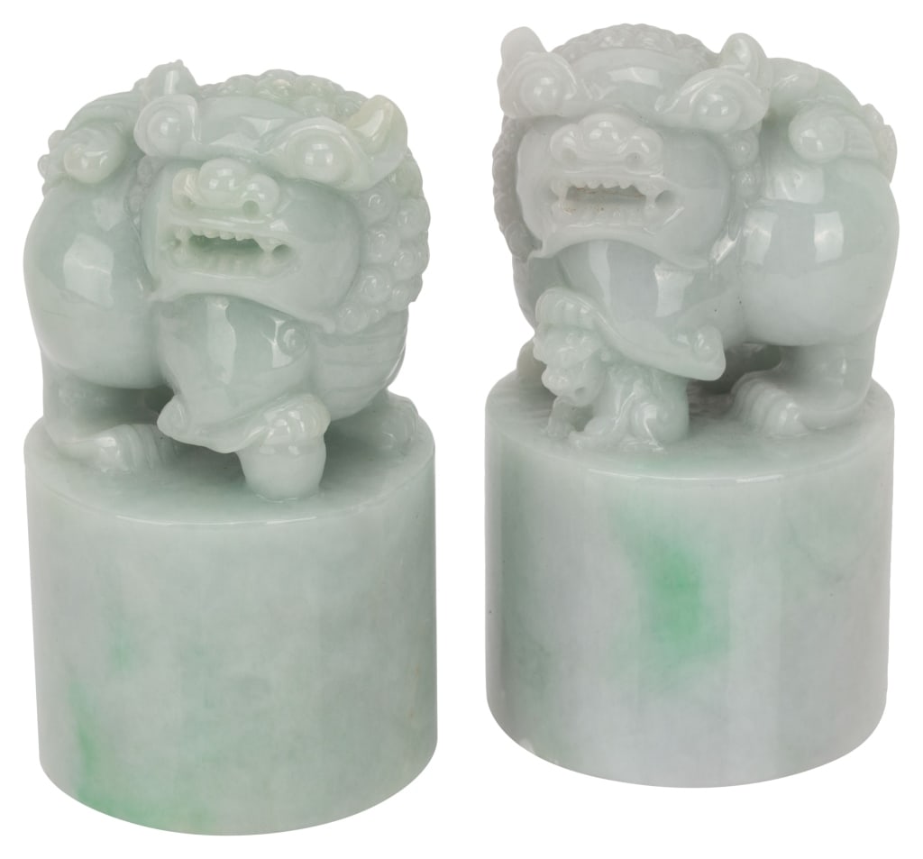 Pair Chinese Foo Dog Jade Chop Seal Statuettes: Item/Description: Carved jade/jadeite Chinese Foo Dog statue seal stones. Decorative. No carved markings to bottoms. Foo Dogs (Imperial Guardian Lions) are traditional Chinese mythical creatures, beli