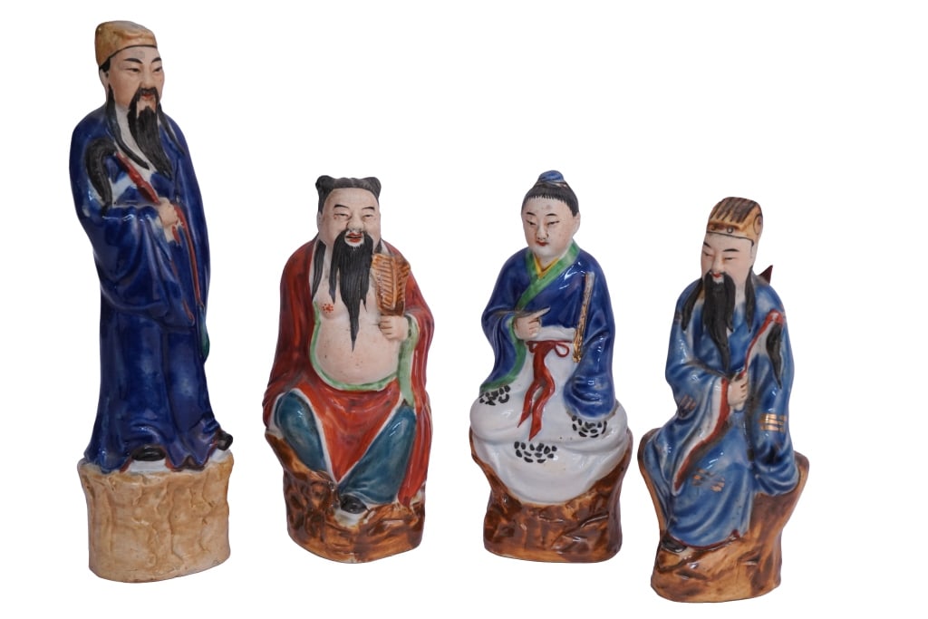 Chinese Daoist Immortal Porcelain Figures: Item/Description: Vintage Chinese porcelain figurines, representing the four of the Eight Immortals from Taoist mythology or deities from the Sanxing (Fu, Lu, Shou). From the late Qing to the Early Re