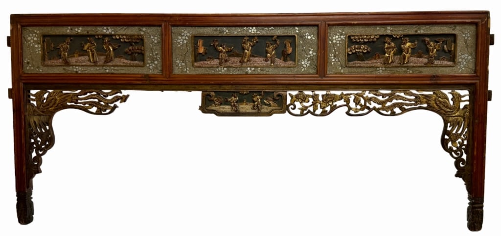 Early 20th Century Chinese Front Bed Panel: Item/Description: Large Chinese carved hardwood architectural panel, likely Qing Dynasty, hand-carved from solid elm or camphor wood and later adapted for use as a headboard. The structure features th