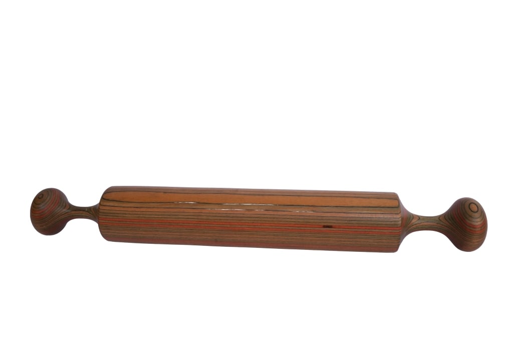 Tom Foster Signed Hardwood Rolling Pin: Item/Description: Tom Foster signed artisan laminated hardwood rolling pin, late 20th century, constructed using a multi-layer lamination technique incorporating rock maple and contrasting dyed
