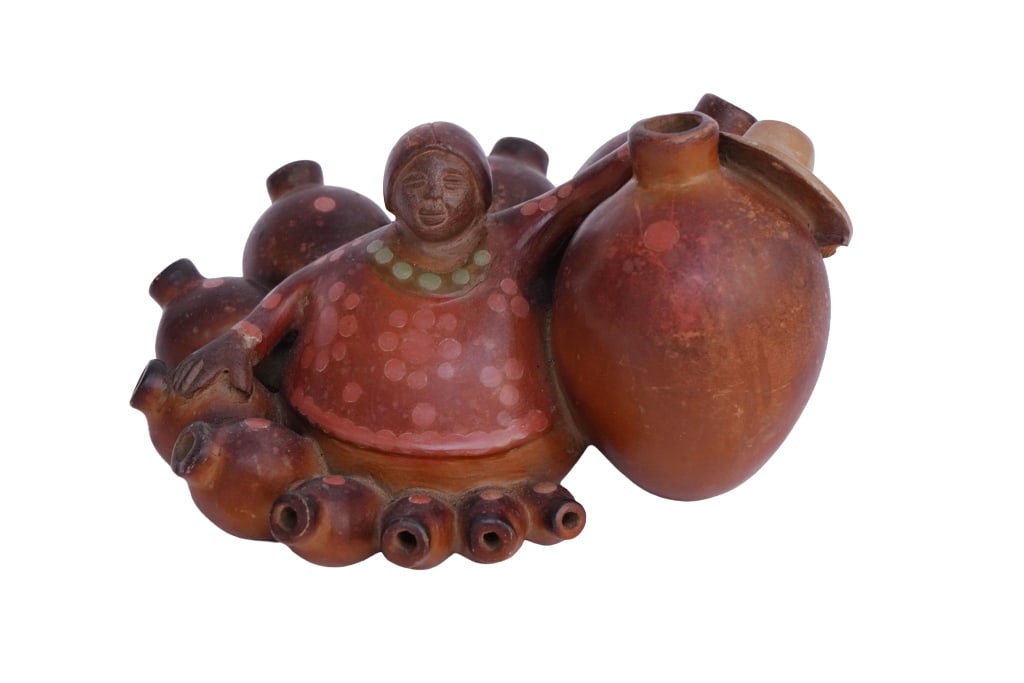 Peruvian Chulucanas "Merchant Woman" Sculpture: Item/Description: Vintage Peruvian Chulucanas polychrome pottery sculpture depicting a merchant or market woman seated among small vessels, from Chulucanas, late 20th century, circa 1970s?1990s.