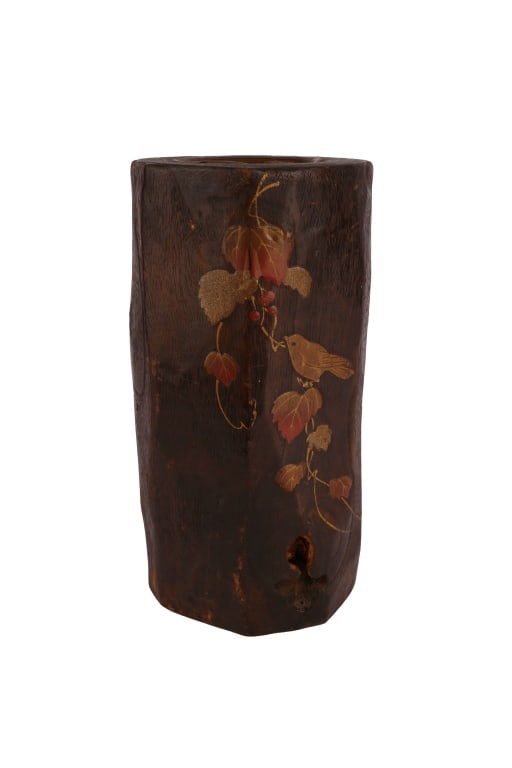 Japanese Meiji Ikebana Wood Vase: Item/Description: Antique Japanese Ikebana Vase?(c. 1900) is a hallmark of the?Meiji period, expertly hand-carved from?Kiri wood?(Paulownia) to retain its natural, log-like form. The exterior