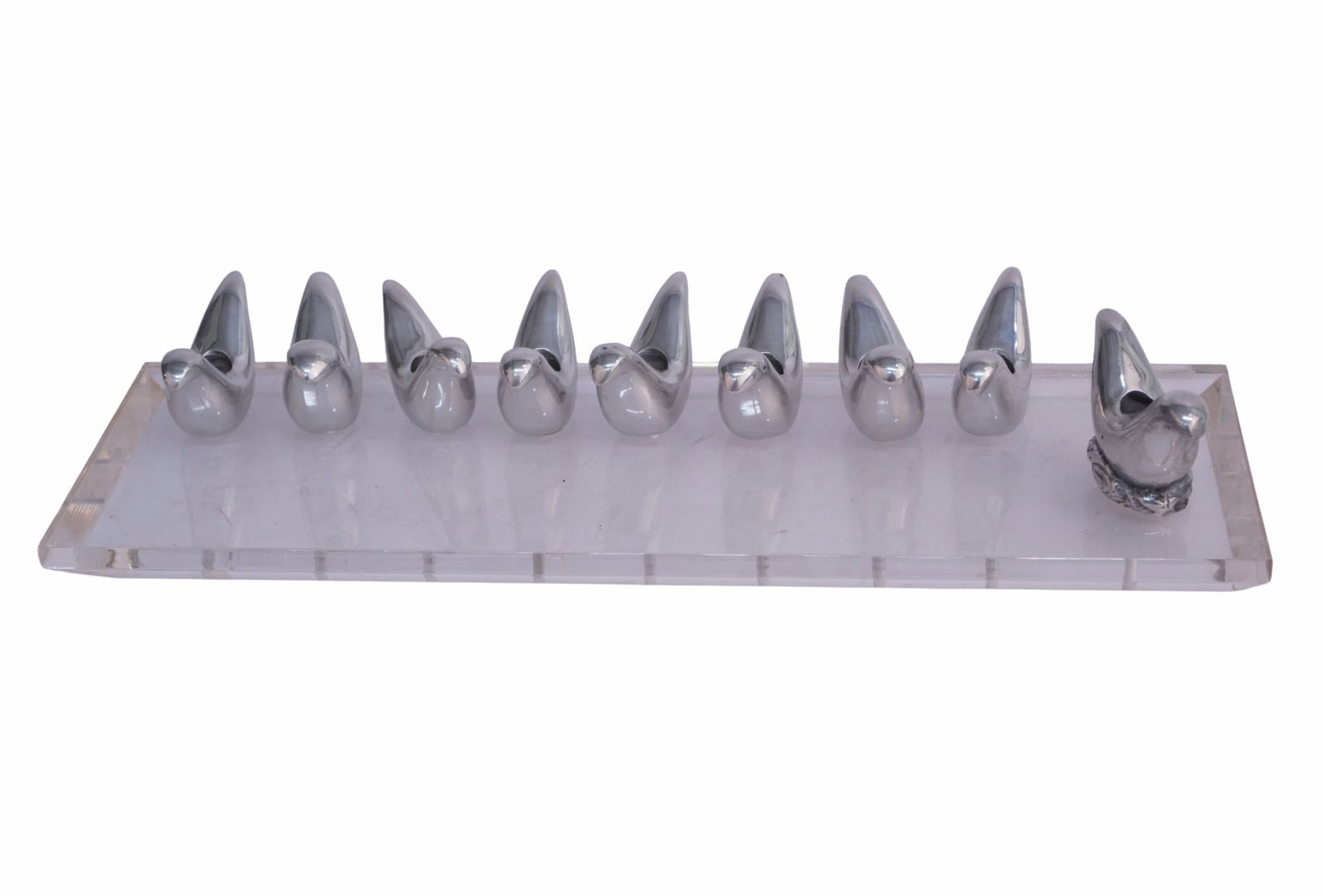 Modernist Lucite & Silver-Plated Bird Menorah: Item/Description: Mid Century Modern nine-light Hanukkah menorah (Hanukkiah) in silver or silver plate, executed in a sculptural bird motif. The design comprises eight stylized bird-form candle