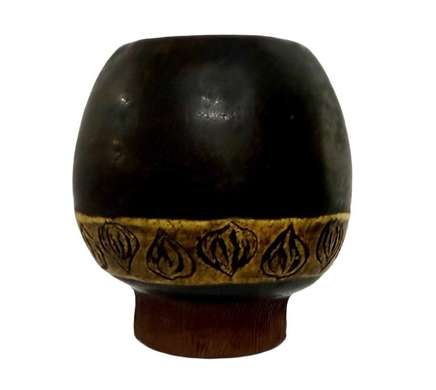 1965 Artist Signed Gourd-Style Ceramic Vase: Item/Description: Vintage hand-thrown ceramic vessel with a rounded, bulbous, gourd-style shape and a textured band of impressed, relief decoration. The carved motifs resemble stylized onions, tulip