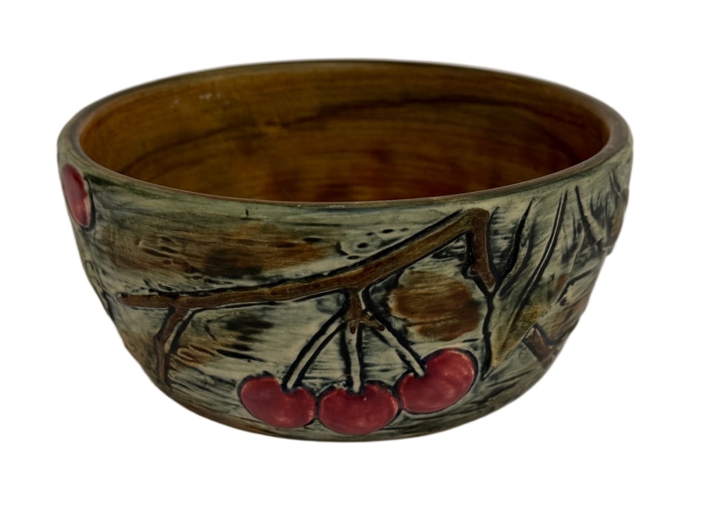 Weller Pottery "Woodcraft" Bowl: Item/Description: Ceramic bowl in the nature-inspired "Woodcraft" pattern by the Weller Pottery Company. Featuring a textured, rustic design with raised cherries, branches and leaves. Base with
