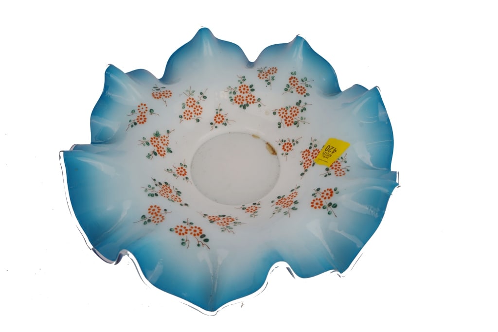 Blue Scalloped Milk Glass Bride's Bowl: Item/Description: Victorian-era bride's basket bowl in a blue-to-white gradient milk glass. Hand-painted orange floral motif and a deep ruffled / scalloped edge. (Berry Bowl, Fruit Bowl, Wedding