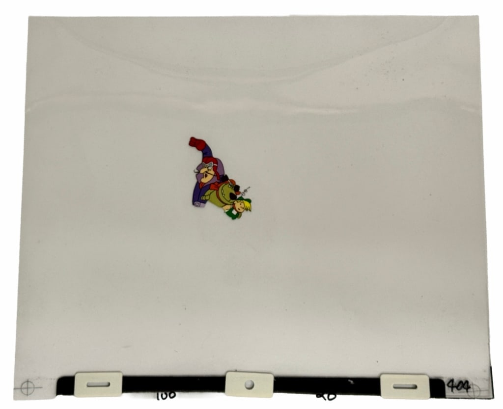 Dastardly & Muttley Flying Machines Animation Cel: Item/Description: Production animation cel from the Hanna-Barbera cartoon series Dastardly and Muttley in Their Flying Machines. Material: Celluloid Dimensions: Height: 10 1/2"; Width: 12 1/2". Condit