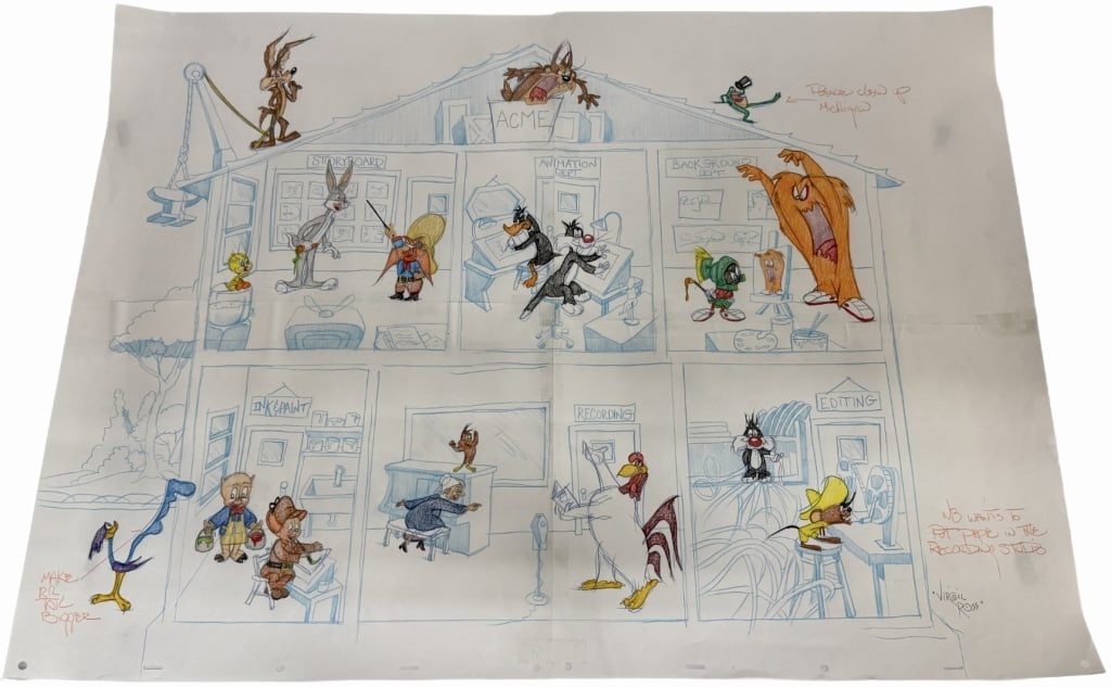 Virgil Ross Looney Tunes Original Model Sheet: Item/Description: Original model sheet drawing by Virgil Ross of 18 classic Looney Tunes characters with notes on 4 sheets of animator paper in a scene replicating the limited edition animated cel "Lo
