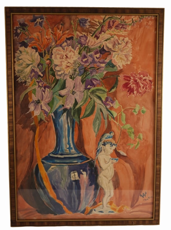 Artist Signed Still Life Watercolor: Item/Description: Original, framed floral still life watercolor painting featuring tiger lilies, tulips, and a small sculpture, Signed lower right with artists monogram signature and 27/29.V1.23 (June