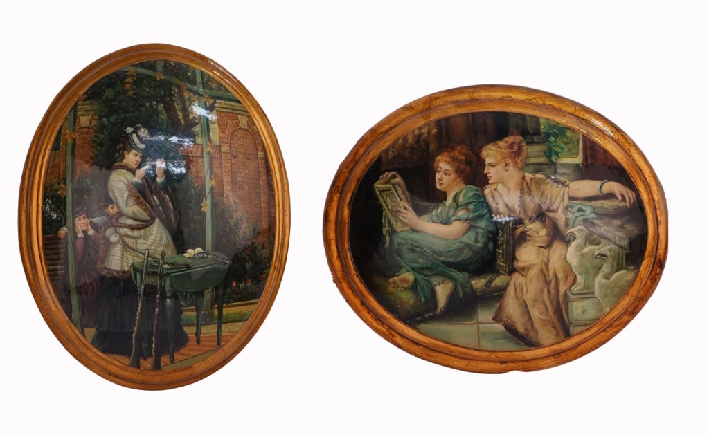 Pair of Italian Convex Medallion Portraits: Item/Description: Two oval medallion oil paintings on varnished convex Venetian wood. Both are after old master paintings. One is a reinterpretation of "Comparisions" by Sir Lawrence Alma-Tadema (Dutc