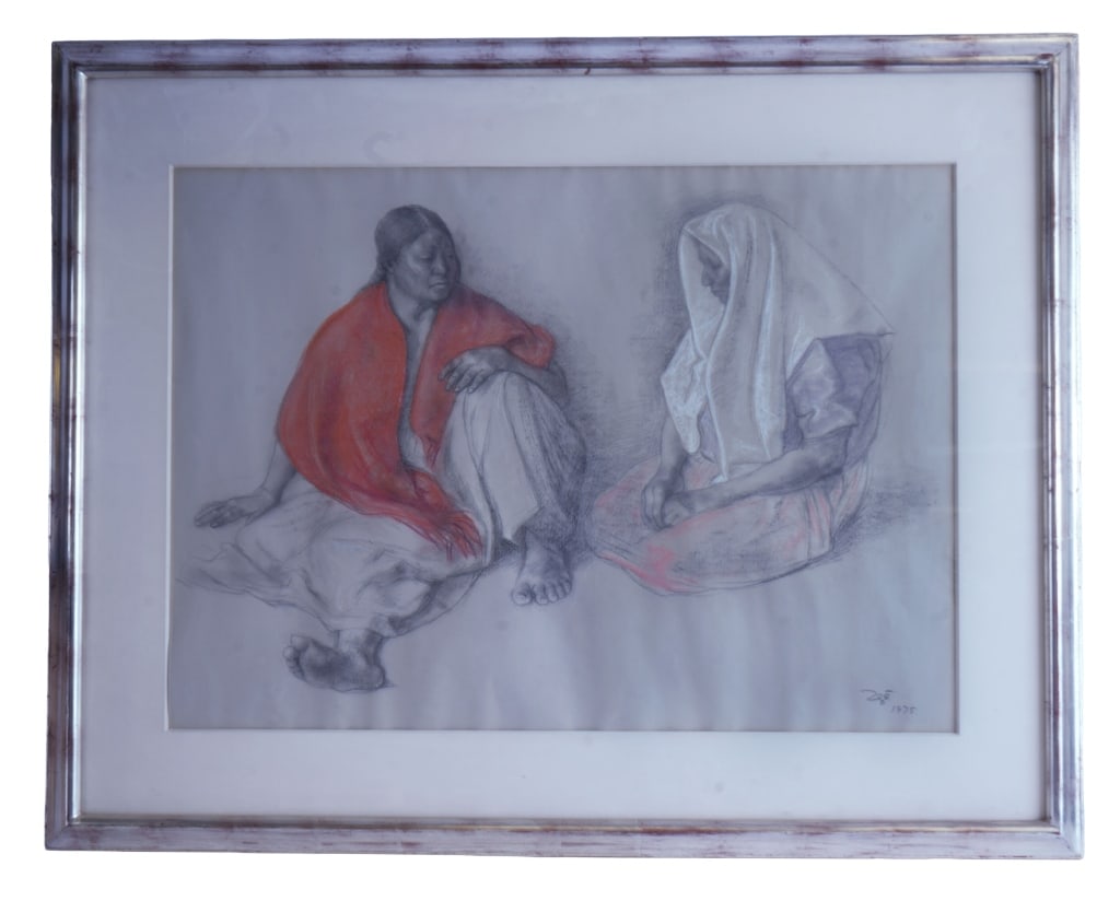 Francisco Zuniga - Figural Charcoal Drawing: Item/Description: Original charcoal drawing depicting two seated indigenous women in the artist's signature style. Zuniga's work commonly showcasing the resilience and daily life of native Mexican wom