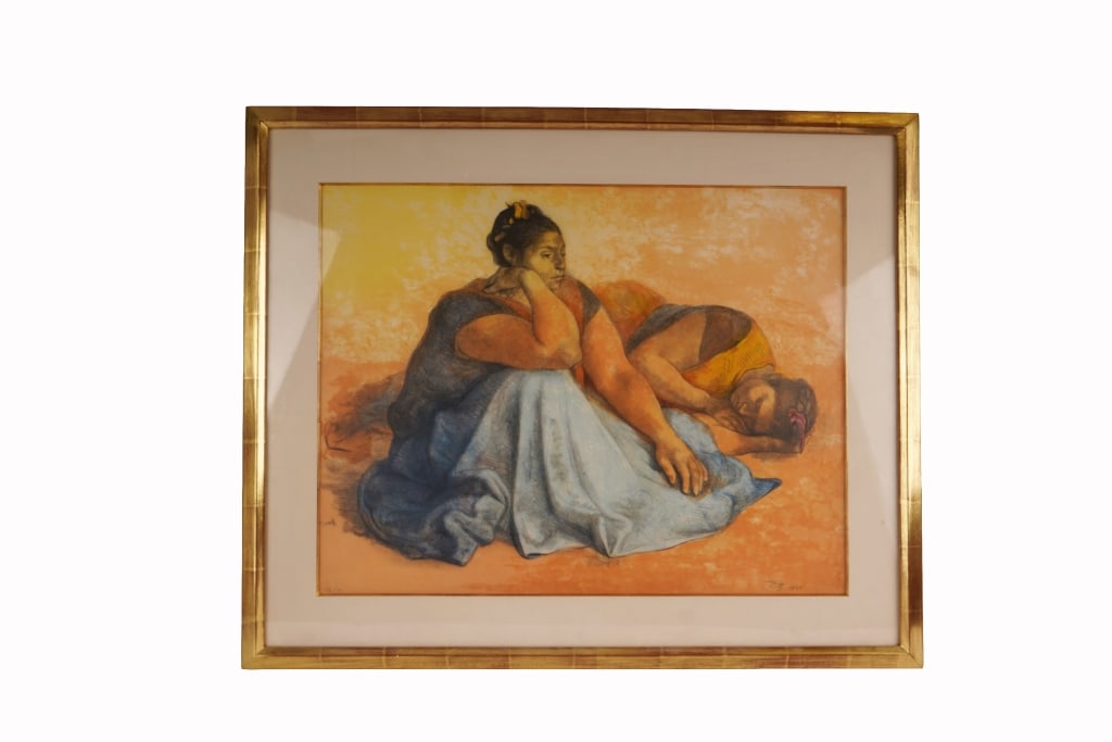 Francisco Zuniga - Juchitecas - Color Lithograph: Item/Description: Framed color lithograph "Juchitecas" depicting two resting indigenous women of Juchitan, Oaxaca. Numbered lower left: 33/91. Signed and dated lower right. Francisco Zuniga (Costa Ric