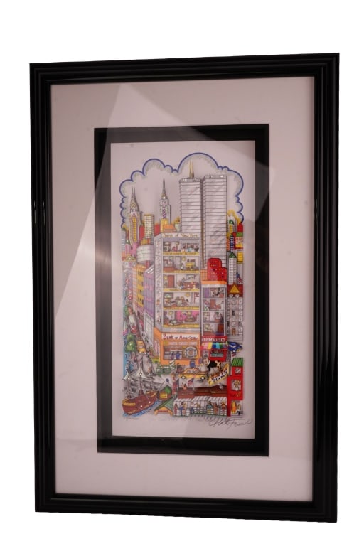 Charles Fazzino - NYC 3-D Pop Art Serigraph: Item/Description: Hand-cut, multi-layered 3D serigraph, titled "You Can Bank On It, New York!". Numbered 59/200DX (Deluxe Edition), titled and signed across bottom. Vertical panoramic view of a bustli