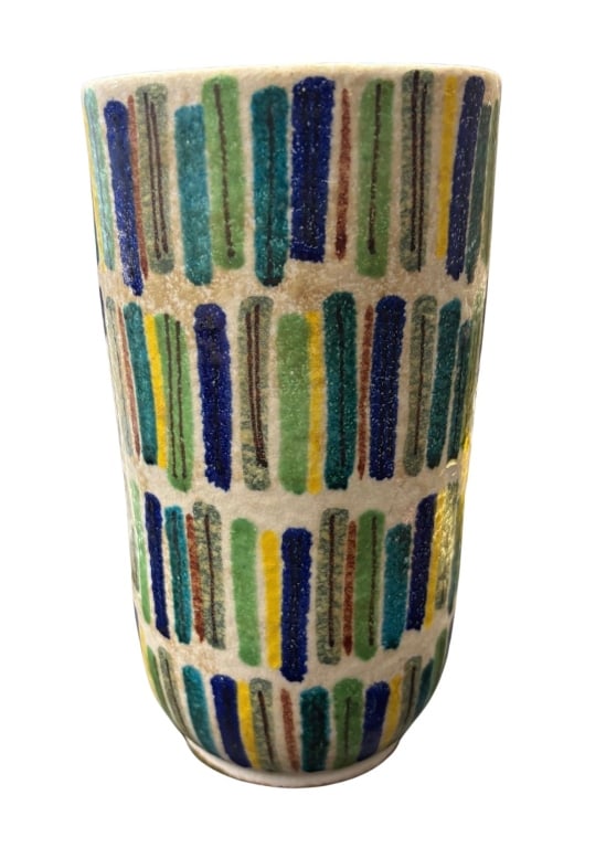 Alvino Bagni Raymor Italian MCM Striped Vase: Item/Description: Mid-century modern Italian art pottery vase, designed by Alvino Bagni for Raymor in the 1960s. Characterized by its playful, hand-painted polychrome glaze, the cylindrical vase