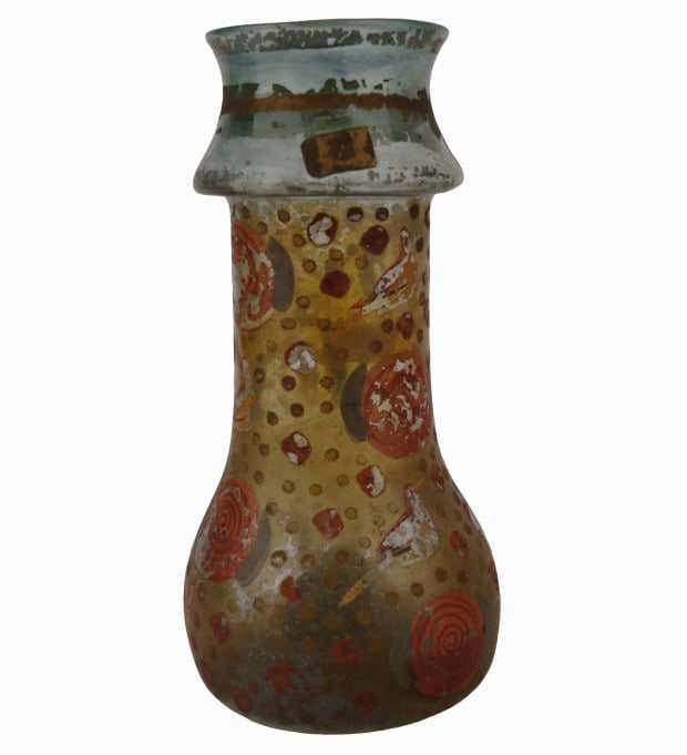 Antique Persian Enameled Glass Bottle: Item/Description: Hand-blown artistic vase. Features flared rim, bulbous base, and decorated with hand-painted bird, swirl and dot motif. Hand-blown glass. Pontil mark to base. Partial signature / mak