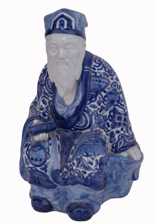 Japanese Seated Blue & White Kutani Jurojin (1 of 6)