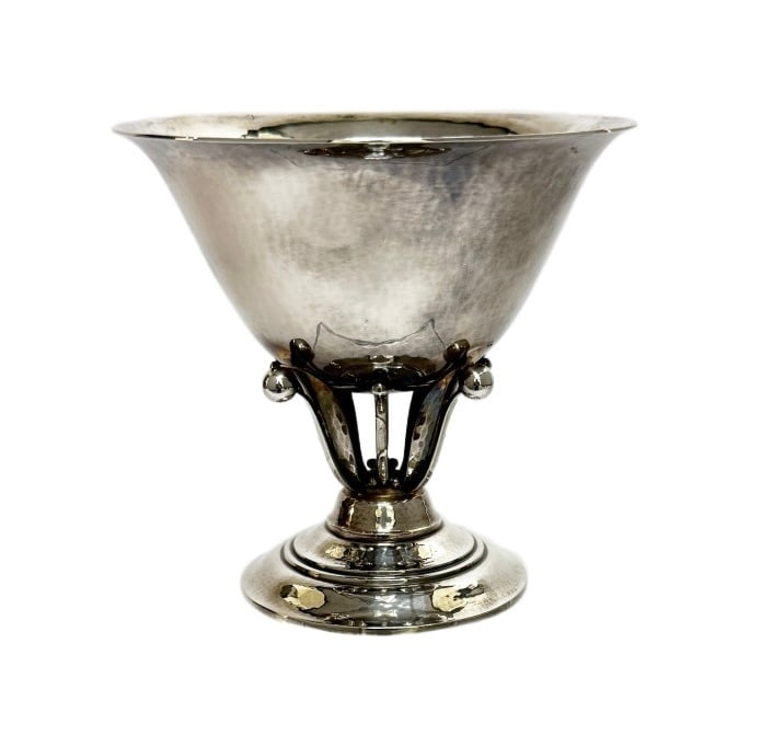 Georg Jensen Sterling Footed Blossom Bowl 17A: Item/Description: Antique Georg Jensen Sterling Silver footed blossom compote bowl 17 series. Designed by Jensen's prolific master silversmith, Johan Rohde (1865-1935). A fusion of Art Nouveau and Art