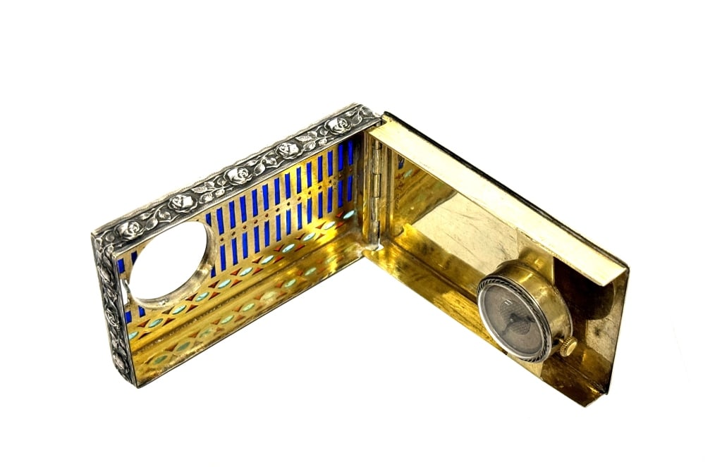 Silver Art Deco Cigarette Case with Clock - 2