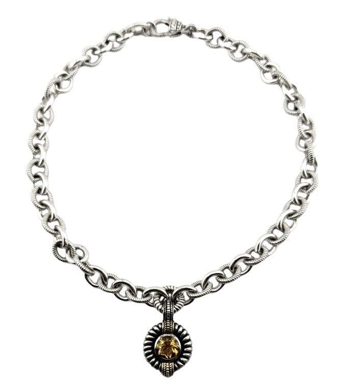 Judith Ripka Sterling 18K Citrine Necklace: Item/Description: Designer Judith Ripka heavy cable link statement necklace. Fashioned from Sterling Silver with alternating smooth and textured links. Lobster clasp. Enhancer pendant with faceted