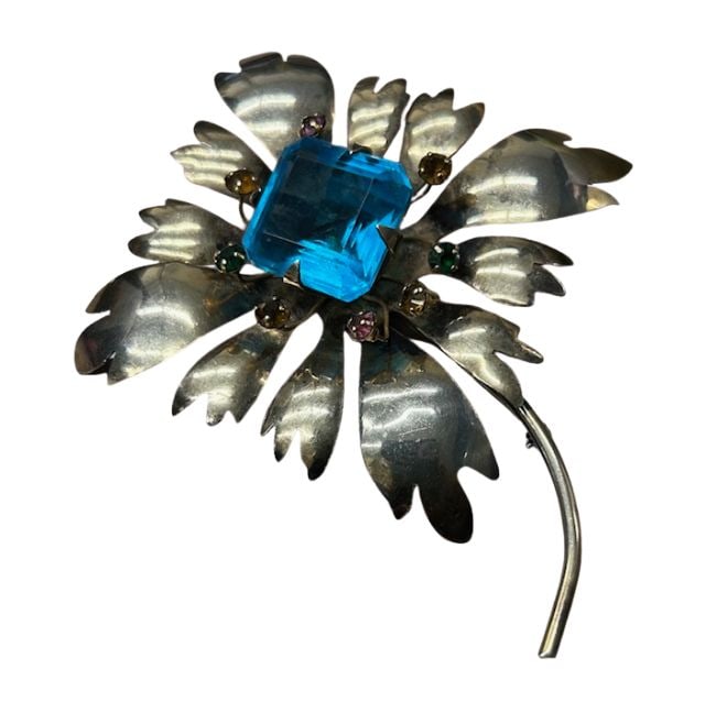 Retro Sterling Silver Jeweled Flower Brooch Pin (1 of 2)