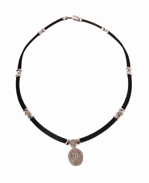 Charriol 18K Pave Diamond Black Steel Cable Choker: Item/Description: Signed luxury designer Phillipe Charriol choker necklace. Exquisitely crafted from 18K white gold diamonds and black stainless steel cable. Features six stations of 18K white gold,