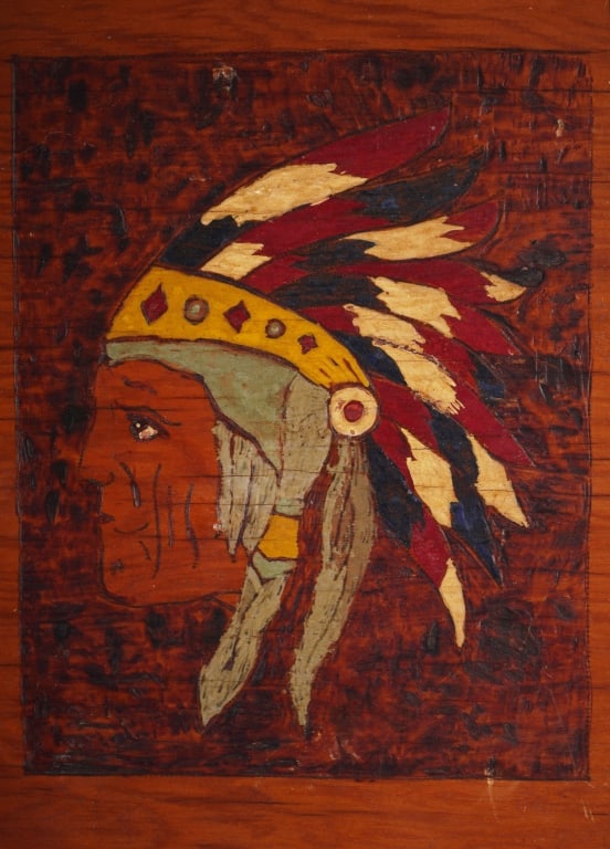 Native American Pyrography Wood Panel Portrait - 3