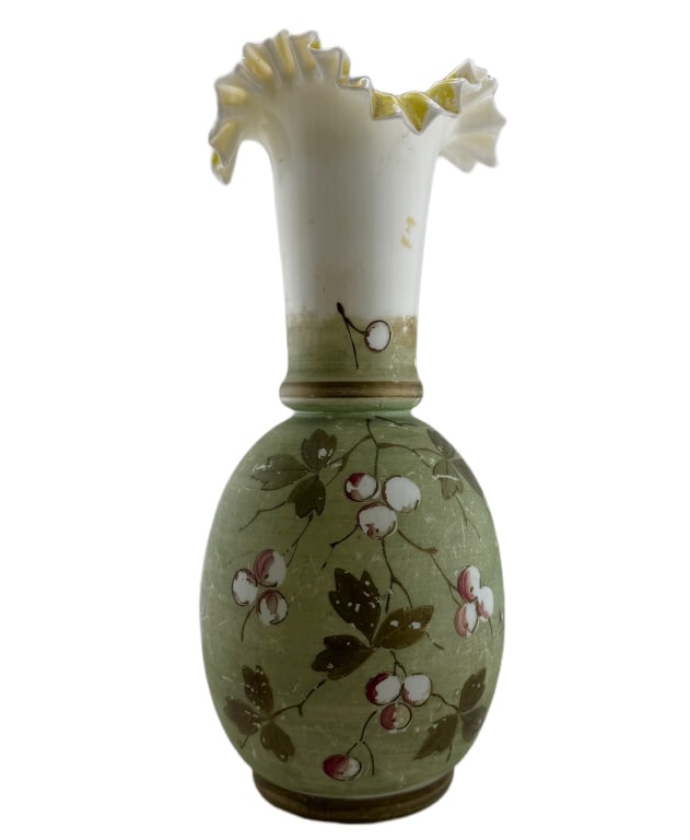 Art Nouveau Ruffled Glass Vase: Item/Description: Antique muted green vase featuring hand-painted botanical motifs of red and cream berries with leaves. Bulbous body tapering to a narrow neck with a distinctive flared, yellow