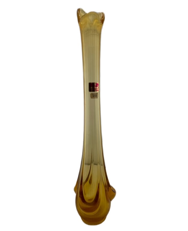 MCM Viking Glass Six-Petal Swung Amber Vase: Item/Description: Mid-20th century modern "six-petal" swung art glass vase by the Viking Glass Company. Features a robust, weighted base with six pulled lobes that taper into an elegant, slender