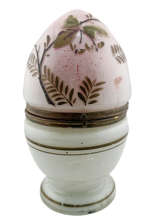 Victorian Opaline Glass Liquor Tantalus: Item/Description: A 19th-century cave ? liqueur featuring a large, egg-shaped white opaline glass body with a hinged brass mount. The exterior is hand-decorated with raised, enameled botanical sprays 