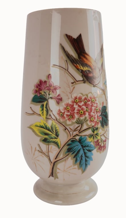 Hand Painted Glass Vase, Bird & Flowers: Item/Description: White glass vase featuring intricate hand-painted bird and floral designs. Worn red marking to base. (Bristol Glass, Enamel Painted) Material: Glass Dimensions: Diameter: 6"; Height: