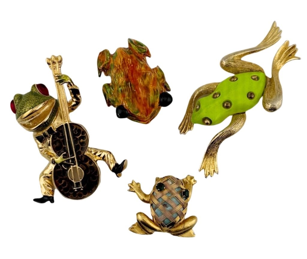 Figural Frog Gold Tone Enamel Brooch Lot: Item/Description: Whimsical and colorful grouping of four figural frog pins. Amphibian costume jewelry brooches. Gold tone metal in shiny and matte finishes with enamel accents, jeweled eyes. The four
