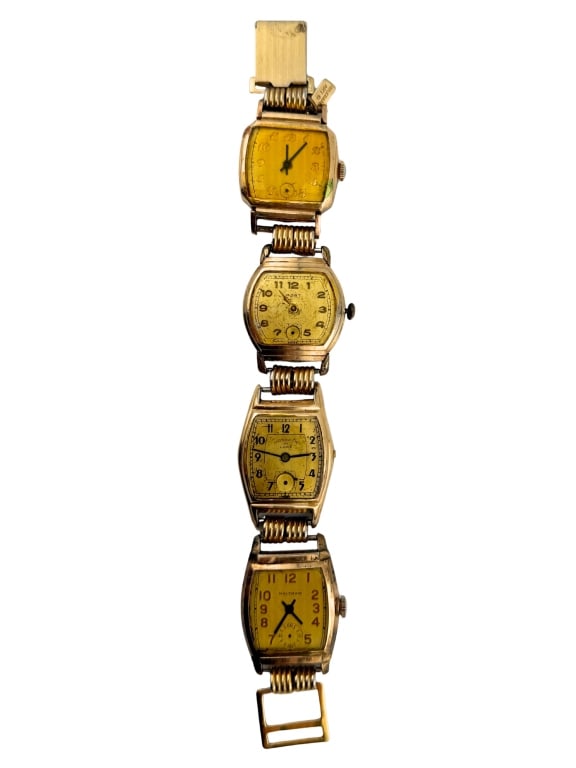 Antique Gold Filled Hand-Made Watch Bracelet: Item/Description: Unusual on-of antique watch bracelet. Handmade and comprised of four Art Deco and Retro era gold filled watch cases. One is 10K gold filled ( and monogrammed E.I.M on reverse, the ot