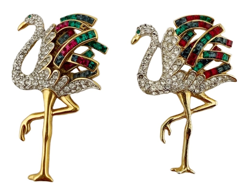 Figural Flamingo Gold Tone Rhinestone Brooch Pair: Item/Description: A pair of sparkly colorful flamingo pins. Crafted in shiny gold tone metal and encrusted with sparkly clear hand-set rhinestone crystals, colorful channel set rhinestone feathers in 