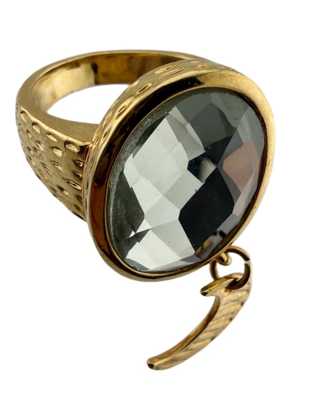 Loulou De La Falaise Jeweled Moon Ring 9 3/4: Item/Description: Designer, Loulou De La Falaise celestial cocktail ring. Crafted in shiny gold tone metal with a textured outer surface, bezel set with a large bezel set oval crystal rhinestone. Mult