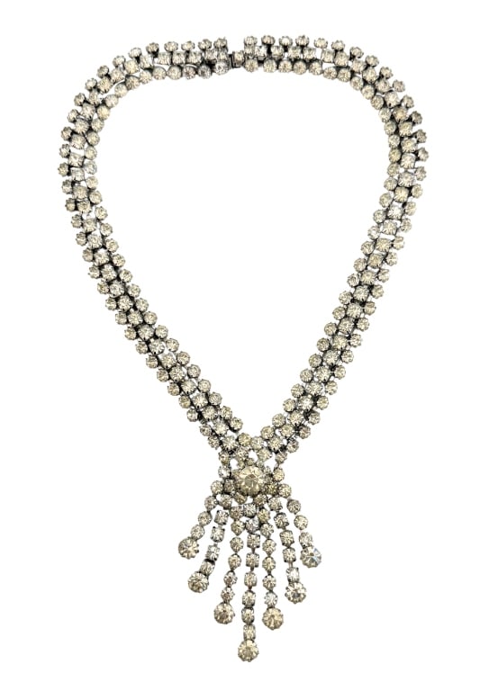 Kramer of New York Rhinestone Fringe Choker: Item/Description: Signed Kramer of New York sparkling rhinestone drop choker necklace. Silver tone metal. Three rows of clear round faceted rhinestones. Geometric, outer rows are comprised of round se