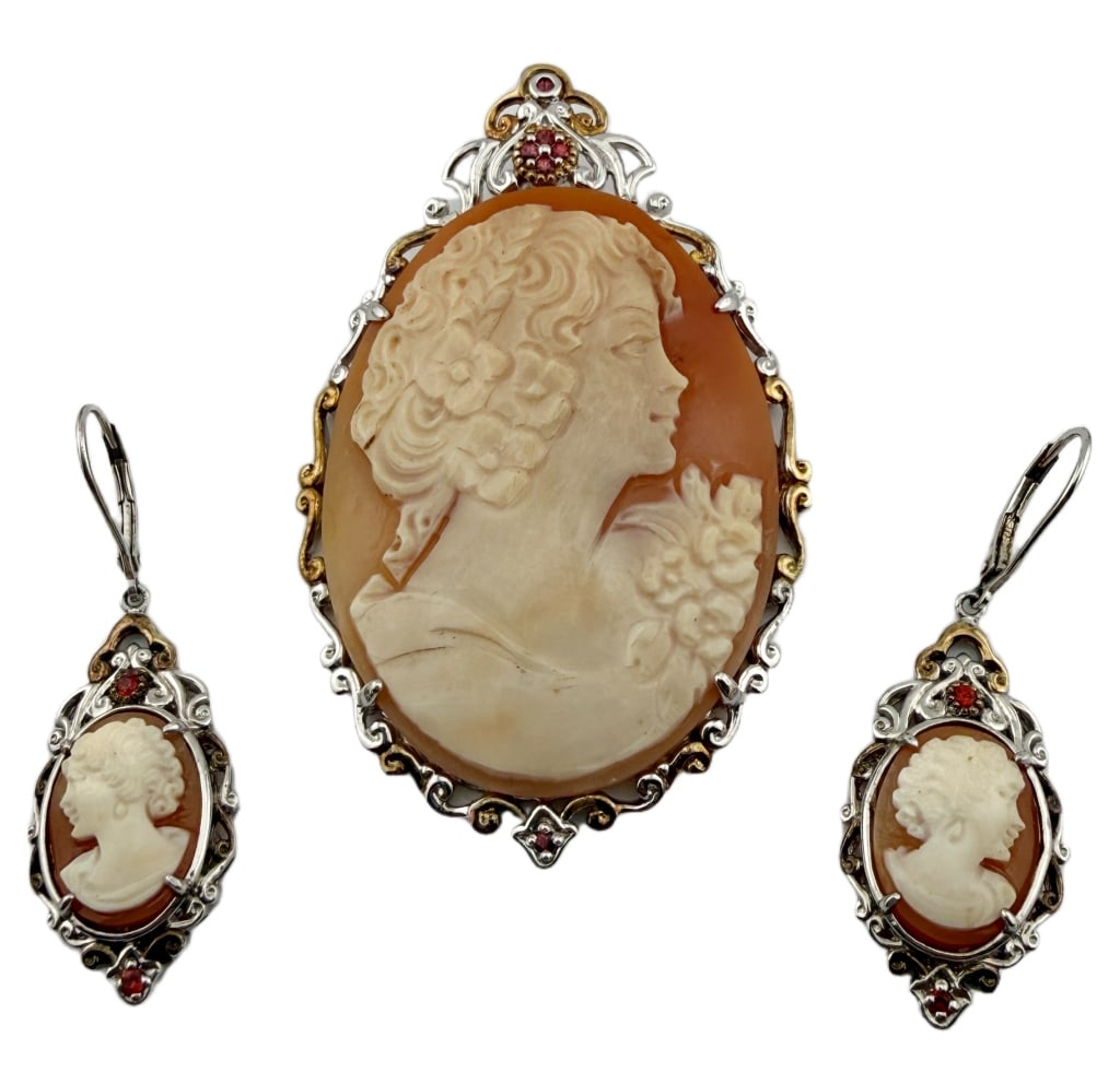 Michael Valitutti Sterling Carved Shell Cameo Set: Item/Description: Exquisite designer Michael Valitutti for Gems En Vogue Sterling Silver shell cameo jewelry includes a large, intricately carved necklace pendant and a pair of dangle drop French-back
