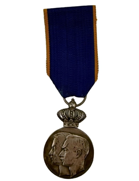 Luxembourg Jean & Josephine Commemorative Medal: Item/Description: Luxembourg Prince Jean marriage to Josephine of Belgium commemorative medal badge with ribbon and crown. Design: Profile headshot of Jean and Josephine. Marked in small lettering "O.