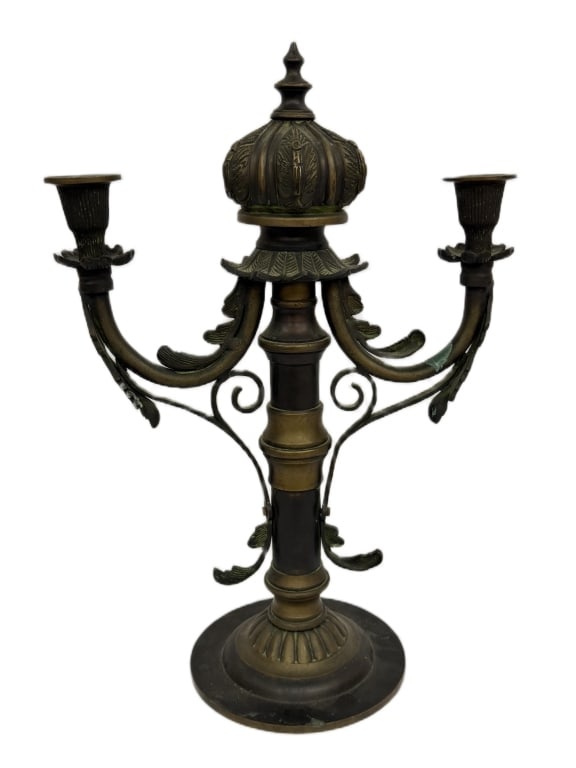 Antique Neoclassical Brass Crown Candelabra: Item/Description: Antique Neoclassical style brass candelabra, circa late 19th to early 20th century. Decorative two-light mantel centerpiece features a prominent central finial molded in the shape of