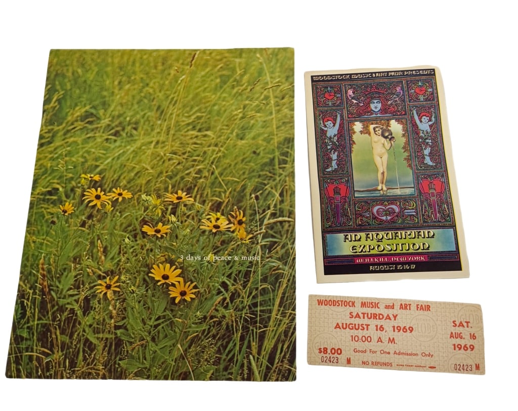Woodstock Music & Art Fair Memorabilia (1969): Item/Description: Set includes an original, unused admission ticket for Saturday, August 16, 1969, from the Woodstock Music & Art Fair, rare original promotional flyer / booklet cover for the 1969 Woo