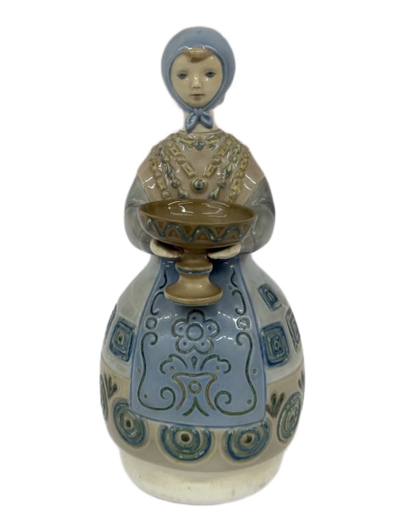 1970s Lladro Girl with Traditional Dress Figurine: Item/Description: Rare vintage Lladro porcelain figurine, titled "Girl with Traditional Dress and Bowl" (Model No. 1159). Sculpted by artist Julio Fernandez for Lladro in Valencia, Spain. Features a y