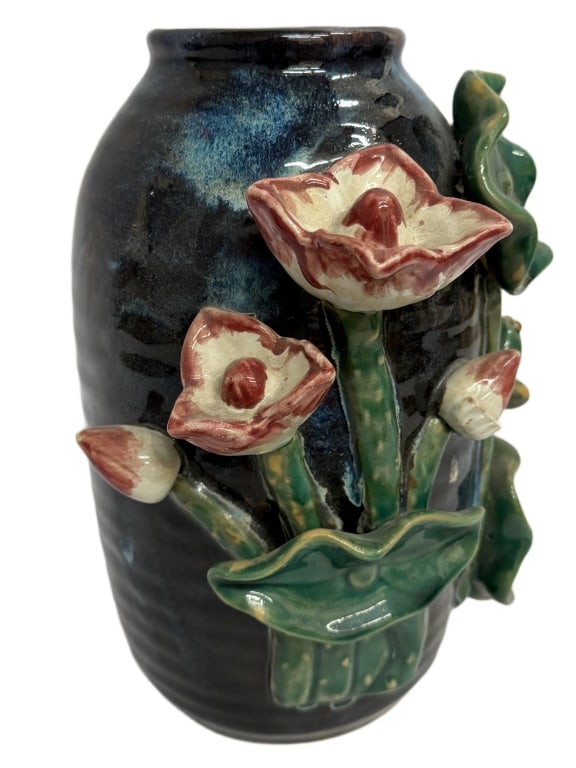 Majolica Ceramic Art Vase - Lotus Blossoms: Item/Description: Handcrafted ceramic vase featuring sculpted lotus flowers, lily pads, and a small frog in high relief. Decorated with a deep cobalt-blue glaze and accented with green and rose-pink d