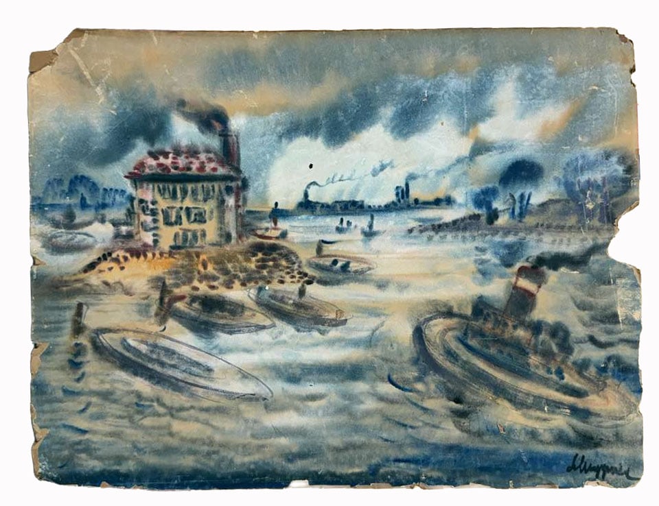 Fauvist Industrial Harbor Scene Painting: Item/Description: Mid-century Expressionist or Fauvist-style harbor landscape watercolor painting depicting an industrial riverfront. Unknown artist. Illegibly signed lower right. Old newspaper adhere