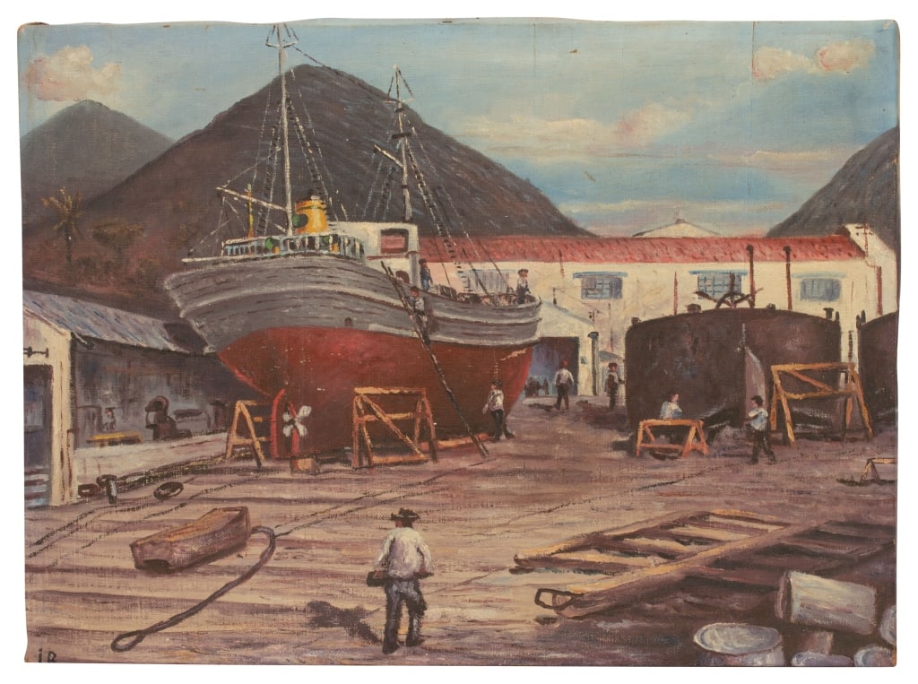 Industrial Shipyard Scene Oil on Canvas: Item/Description: Signed, maritime industry folk art painting of a ship in a drydock, featuring a large fishing vessel or commercial trawler propped up on wooden scaffolding blocks for repairs. Depict