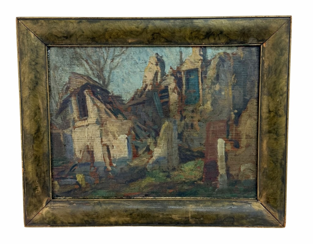Expressionist Architectural Ruins Oil Painting: Item/Description: Original, European Expressionist landscape painting depicting a dramatic scene of architectural devastation, depicting the crumbled masonry and exposed timber beams of destroyed ston