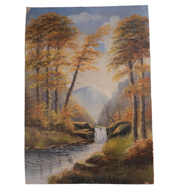L.J. Sterling - Autumn Forest Landscape Painting: Item/Description: Autumn forest landscape features a gentle mountain stream feeding a localized waterfall cascade, framed tightly by towering forest trees detailed with golden-yellow and burnt-orange 