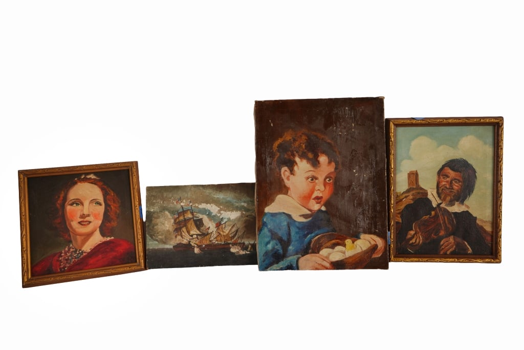 Four Original Vintage Oil Paintings: Item/Description: Grouping of a maritime scene and three portraits. Includes a gilt-framed portrait of a blue-eyed woman in red. Signed and dated lower right: R. Teed 36. Impressionistic portrait of a
