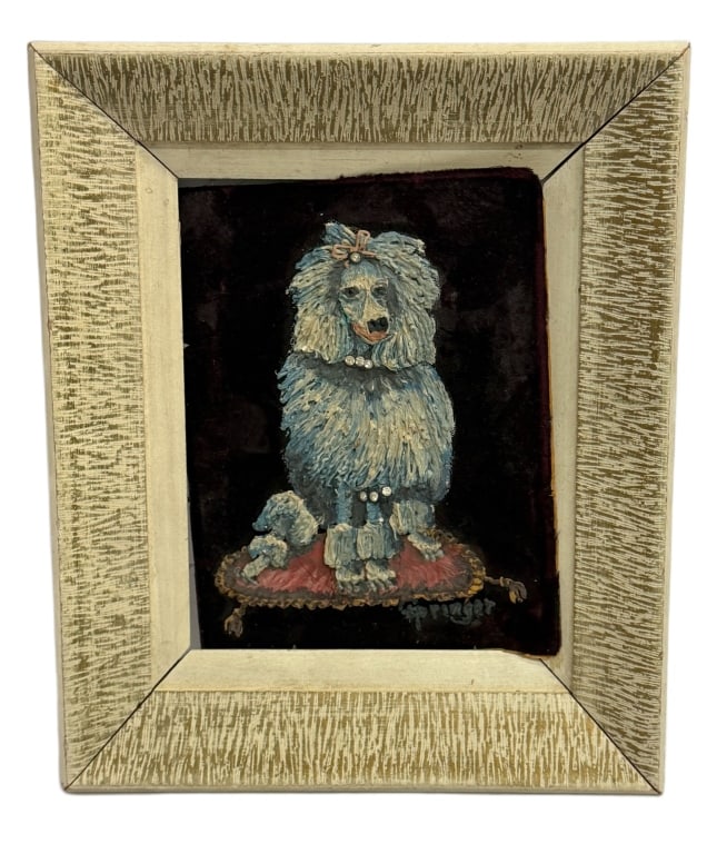 Springer Signed Kitsch Poodle Impasto Painting: Item/Description: Original "sculptured painting" by Springer featuring a poodle sitting on a pillow. Signed lower right: Springer. Deep, heavily textured 3D impasto effect created by piling paint onto